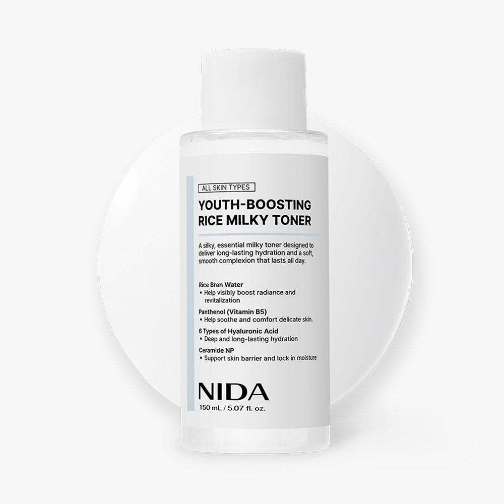 NIDA Youth-Boosting Rice Milky Toner 150ml image showcasing its hydrating properties and ingredients for youthful skin.