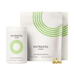 Nutrafol Women's Hair Growth supplement for thicker, stronger hair in a bottle and refill pack with capsules.