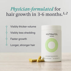Nutrafol Women's Hair Growth supplement packaging promoting thicker, stronger hair and less shedding.