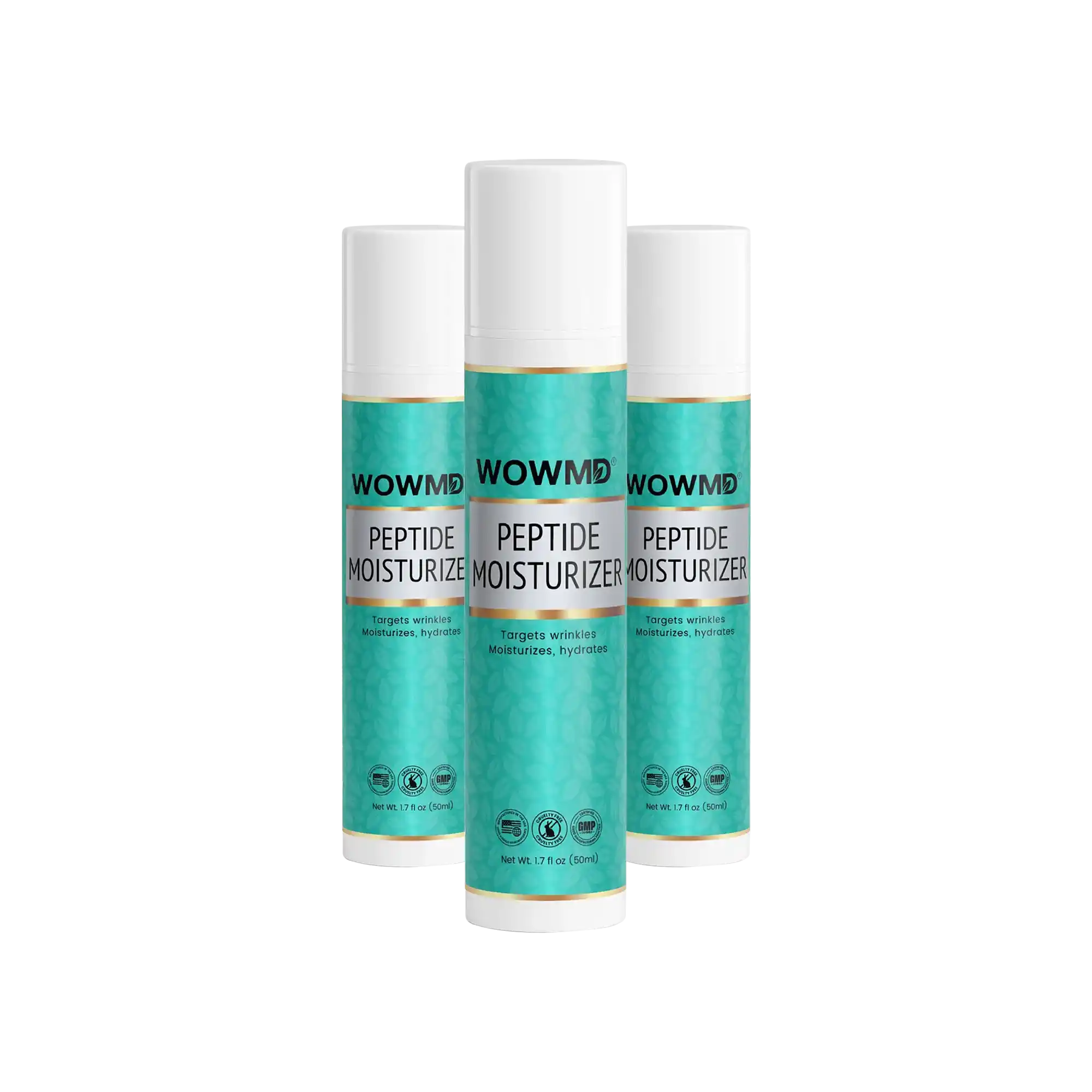 Bottle of WOW MD LLC Peptide Moisturizer for facial care, showing the skincare product in a clear container.
