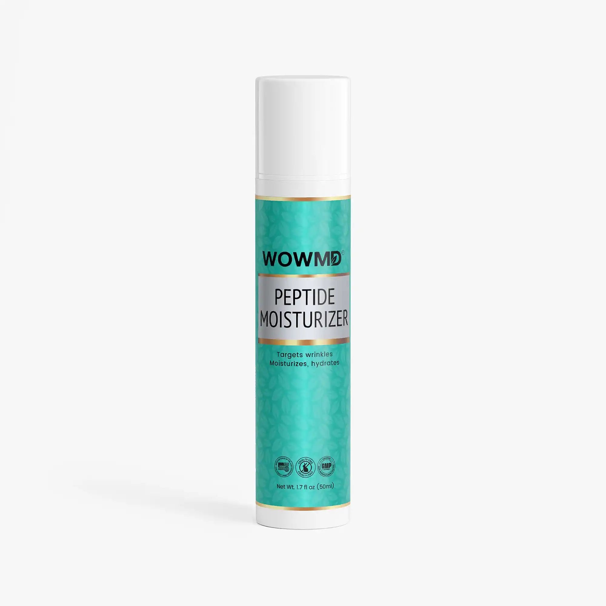 Bottle of WOW MD LLC peptide moisturizer for facial care with a sleek design and clear labeling on a white background.