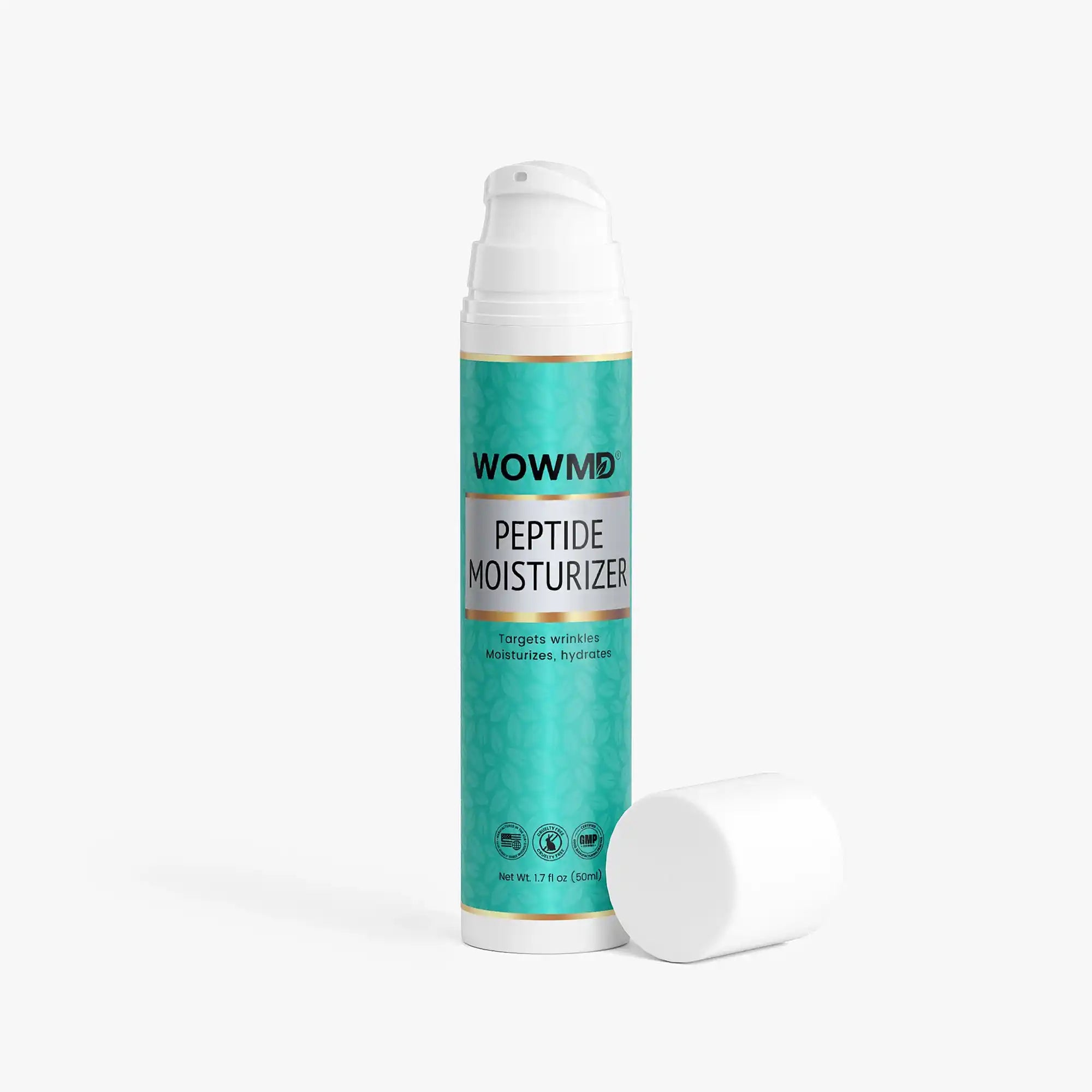 Cream jar labeled Peptide Moisturizer from WOW MD LLC, showing the facial care product with a clean, minimalist design.