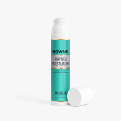 Cream jar labeled Peptide Moisturizer from WOW MD LLC, showing the facial care product with a clean, minimalist design.