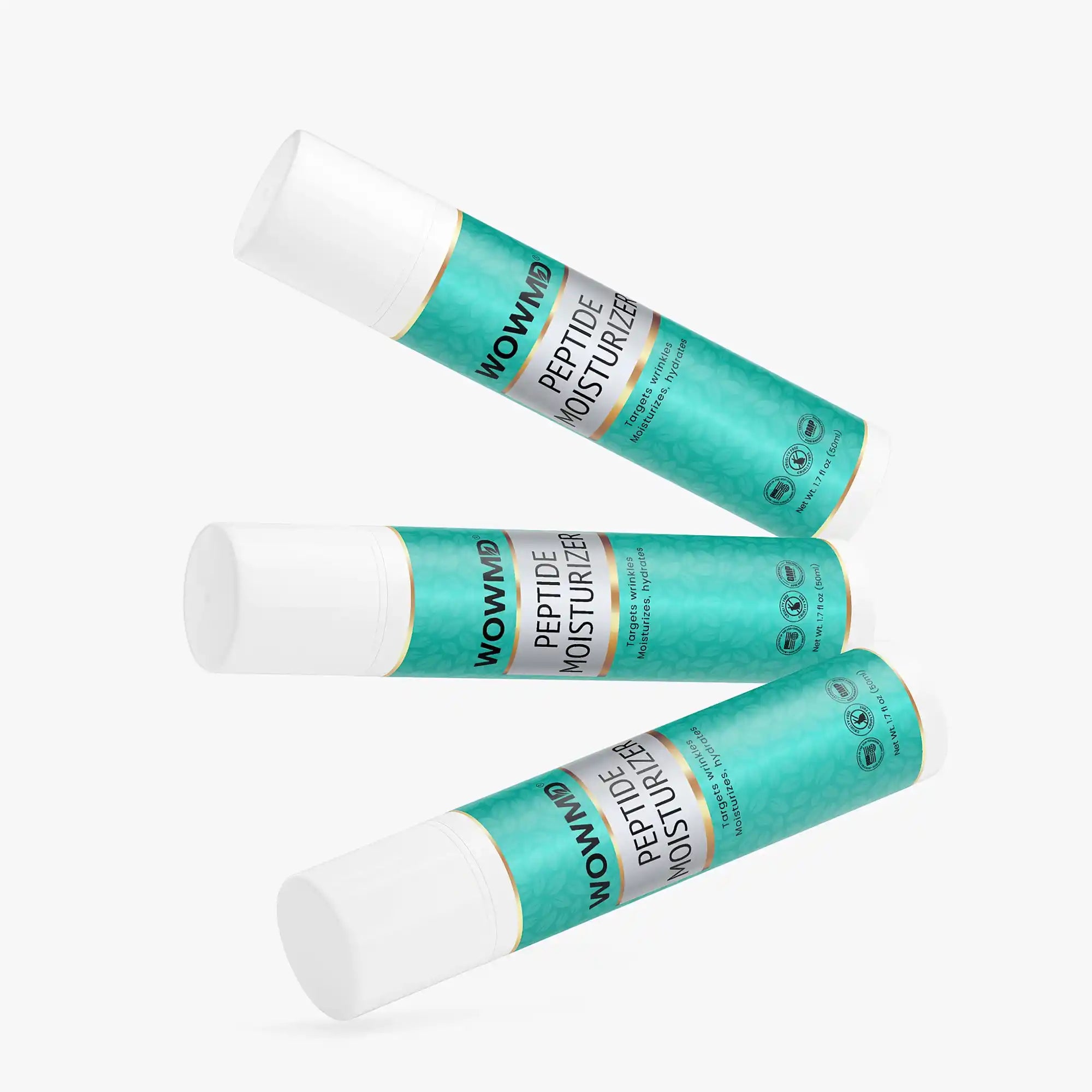 Cream jar of WOW MD LLC Peptide Moisturizer for facial care, showing the moisturizer in a glass container with a white lid.