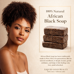 Three bars of raw african black soap stacked beside a woman with glowing skin, showcasing 100% natural skincare made in Ghana.