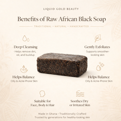 Benefits of raw african black soap infographic highlighting deep cleansing, gentle exfoliation, and balancing acne-prone skin.
