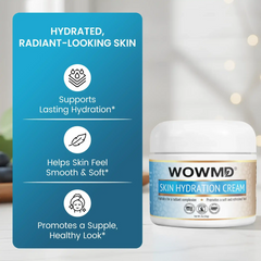 WOWMD daily skin hydration cream jar with benefits graphic highlighting lasting hydration, soft skin, and a healthy, radiant look.