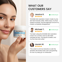 Smiling woman holding WOWMD daily skin hydration cream alongside 5-star customer reviews praising its moisturizing benefits.