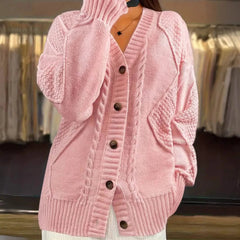 Solid Button Down Cable Knit Cardigan, Casual Long Sleeve Comfy Sweater