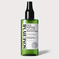 anti hair loss scalp serum in a green bottle with dropper top, showcasing the label details and product design.