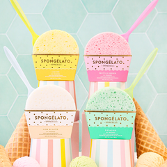 gelato body wash sponges in assorted flavors, displayed with colorful spoons and cones