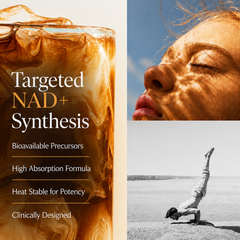 Longevity Coffee+ collagen instant coffee showing NAD+ synthesis benefits, alongside wellness imagery of a woman and a yoga handstand.