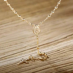 Unisex 14K Gold Virgin Mary Rosary Bead Cross Necklace 18''