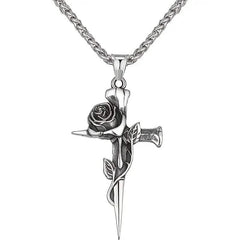 Vintage-Inspired Men's Titanium Steel Pendant Necklace - Unique Keel Chain Design with Cross and Rose Accents