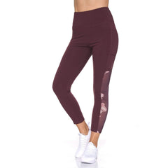 Women's 7/8 Active Leggings with Sheer Mesh Floral Panel and Pockets
