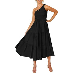 Womens One Shoulder Sleeveless Smocked Ruffle Tiered Beach Long Midi Dress