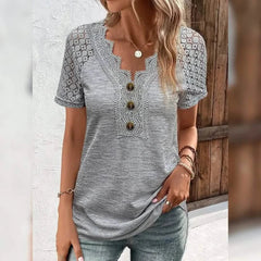 Women's T-Shirt Plain Lace Button Short Sleeve