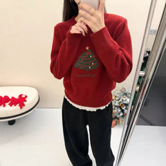 Pull thermique pour femme avec imprimé sapin de Noël et empiècements en dentelle, style preppy