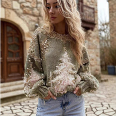 Pull imprimé pour femme, à col rond et à manches longues