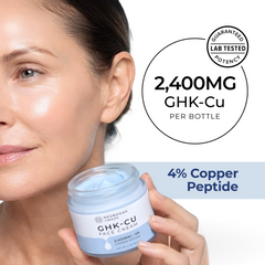 Advanced GHK-Cu copper peptide face cream jar with 2400mg formula held by a woman with glowing skin.