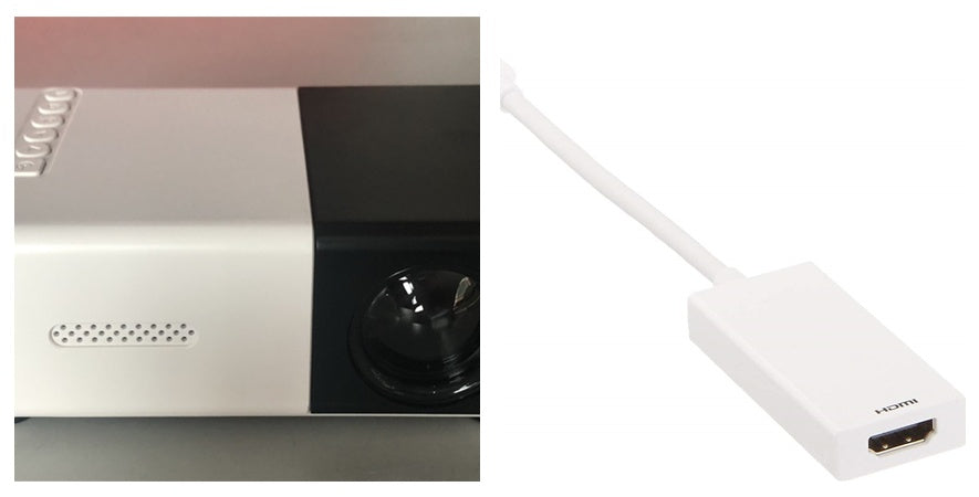 White and black 1080p mini projector shown with a white HDMI adapter cable adapter.