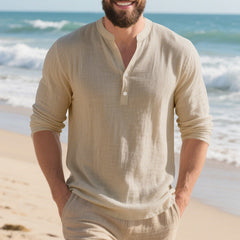Autumn Linen Men's Long-Sleeve T-Shirt With Stand Collar And Buttons