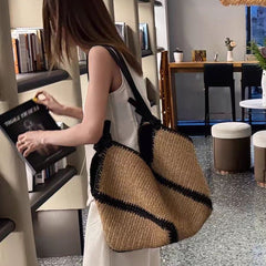 Striped Straw Versatile Handmade Woven Bag Large-capacity Shoulder Tote