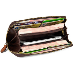 Long Vintage Handcrafted Distressed Zipper Purse Top-Grain Leather Wallet