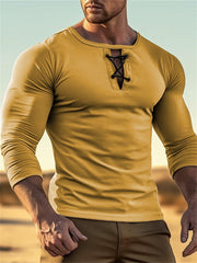 Top de manga larga para hombre, de cuello redondo, color liso y con botones