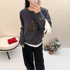 Pull thermique pour femme avec imprimé sapin de Noël et empiècements en dentelle, style preppy
