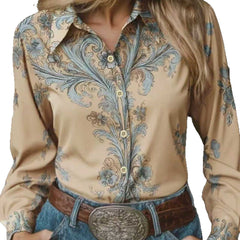 Chemise élégante pour femme à col revers, imprimé rétro
