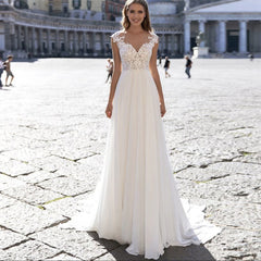Vestido de novia de gasa de la serie A, con escote en V y manga larga