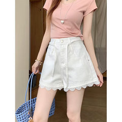 Plus-size Lace-trimmed High-waisted Denim Shorts