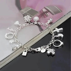 13 Pendant Charm Bracelet - Cubic Zirconia, No Plating, Fashion Jewelry Chain