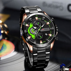Mens Six-Hand Steel-Strap Motorcycle Watch