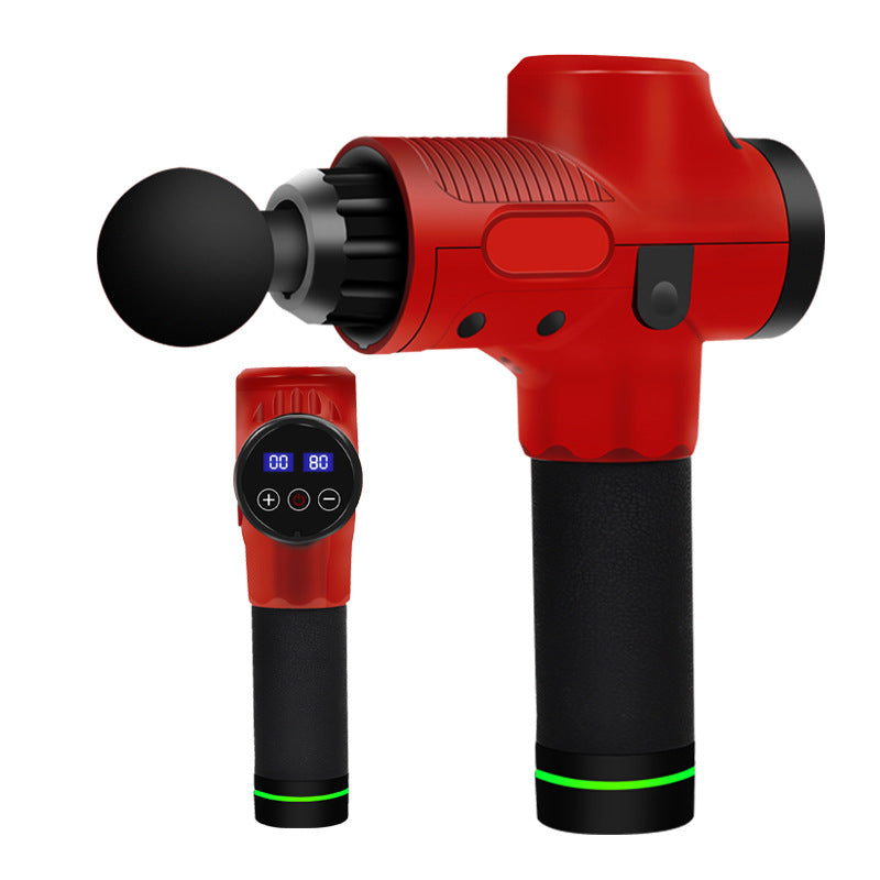Red electric muscle massage gun with a round attachment and an LCD screen controller for muscle recovery.