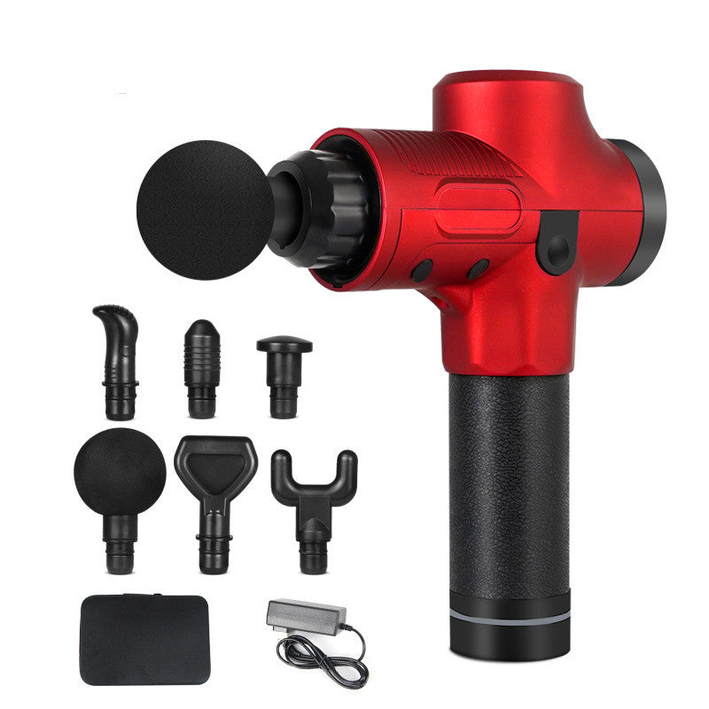 Red24V electric muscle massage gun with multiple attachment heads and charger for muscle pain relief.