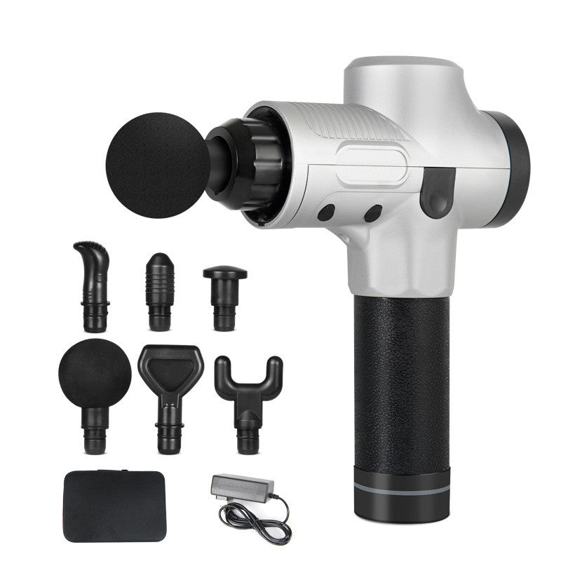 Sliver 24V electric muscle massage gun with multiple interchangeable heads and charger.