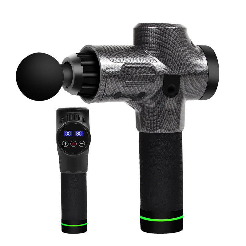 Carbon fiber electric muscle massage gun with a round head attachment and LCD display panel for soreness relief.