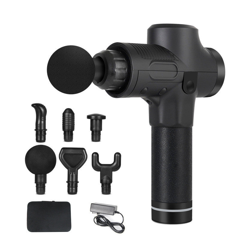 Black24V electric muscle massage gun with interchangeable fascia heads and charger.