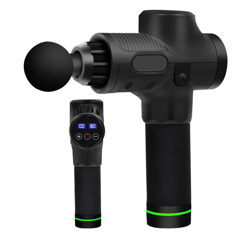 Black electric muscle massage gun with round head attachment and digital LCD display for sore muscles.