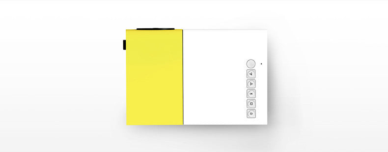 Yellow and white 1080p mini projector viewed from above, highlighting its compact design and control buttons.