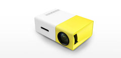 Compact yellow and white 1080p mini projector showing its front lens and top buttons on a white background.