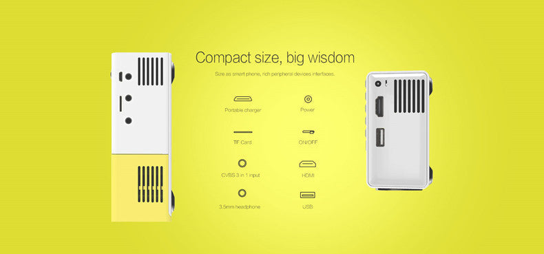 Ports and interfaces of a yellow and white 1080p mini projector, showing HDMI, USB, and headphone jacks on a yellow background.