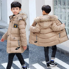 Abrigo infantil de algodón con capucha y cuello de piel, y chaqueta acolchada de algodón