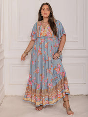 Pink Purple Plus Size Printed Flutter Sleeve Maxi Dress Elegant & Flowy Dress Unique Design