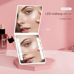 Compact Double-Sided Folding Makeup Mirror Handheld Portable LED Light For Touch-Ups