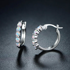 18K White Gold Plated Created Round Opal Hoop Earrings