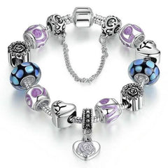 18kt White Gold Plated Murano Glass And Heart Charm Bracelet