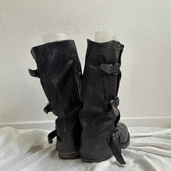 Womens Retro Leather-buckle Pleated Mid-calf Boots